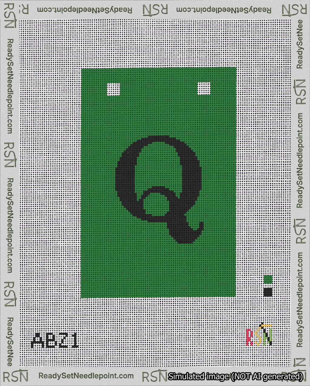 A taped needlepoint canvas with the design: Banner 18 mesh count Squared Q Black on Green.