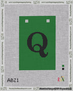 A taped needlepoint canvas with the design: Banner 18 mesh count Squared Q Black on Green.