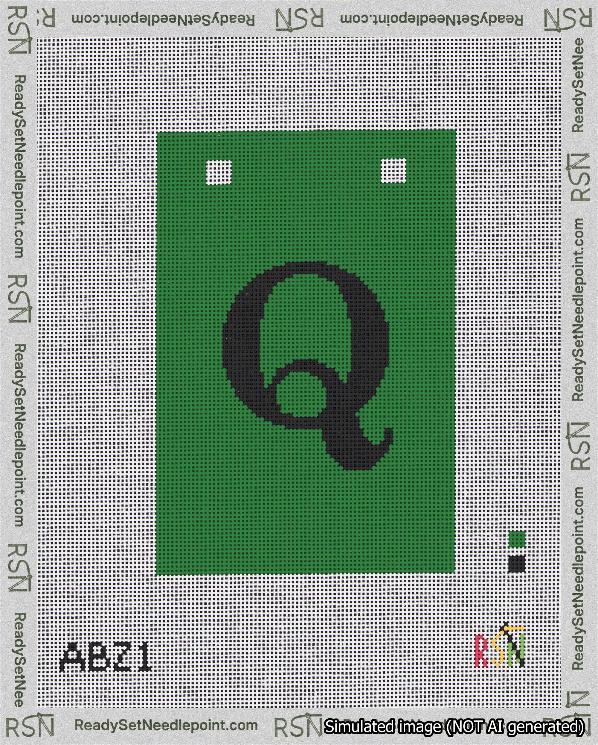 A taped needlepoint canvas with the design: Banner 18 mesh count Squared Q Black on Green.