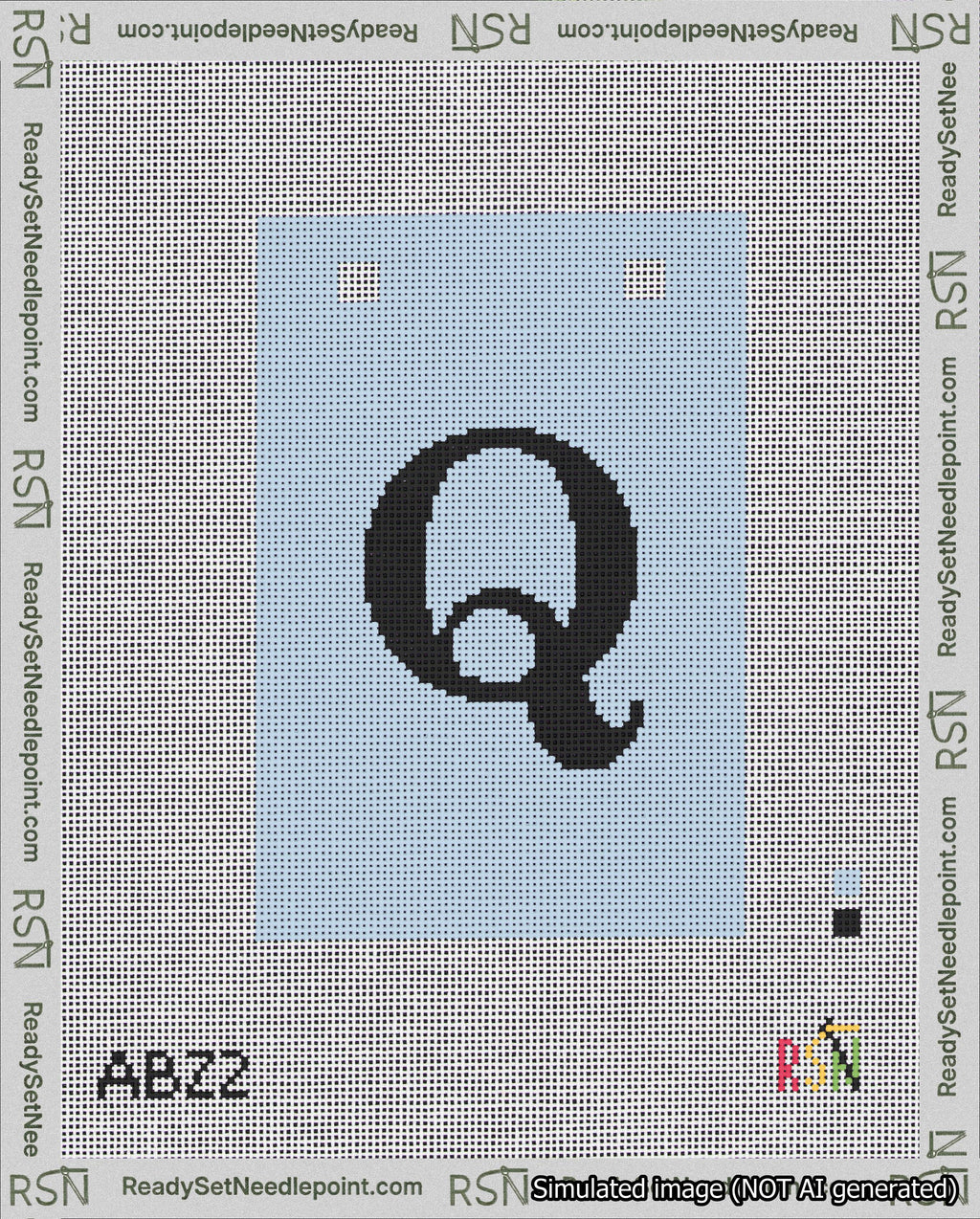 A taped needlepoint canvas with the design: Banner 18 mesh count Squared Q Black on Light Blue.