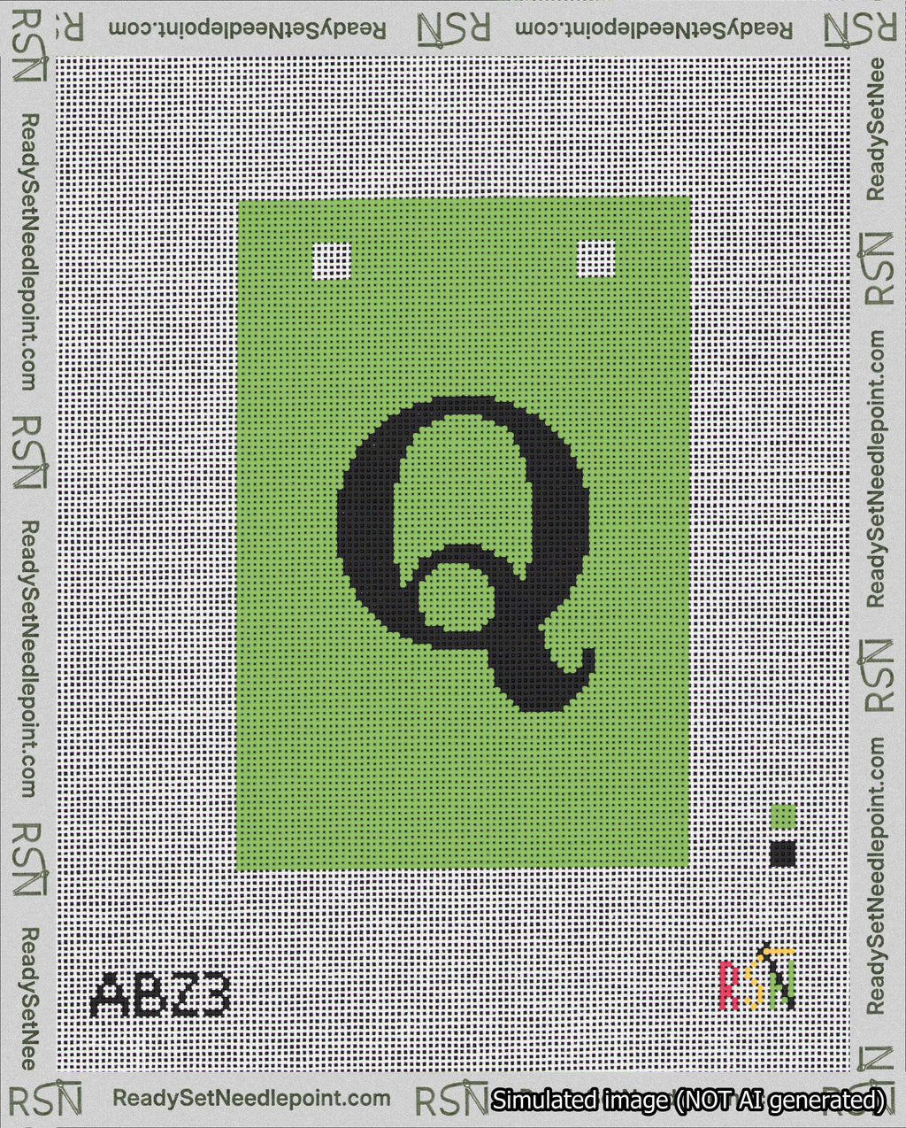 A taped needlepoint canvas with the design: Banner 18 mesh count Squared Q Black on Light Green.