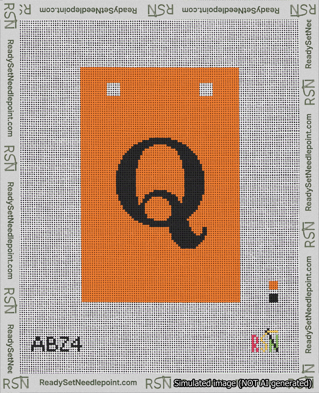 A taped needlepoint canvas with the design: Banner 18 mesh count Squared Q Black on Orange.