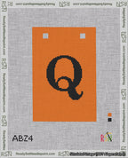 A taped needlepoint canvas with the design: Banner 18 mesh count Squared Q Black on Orange.