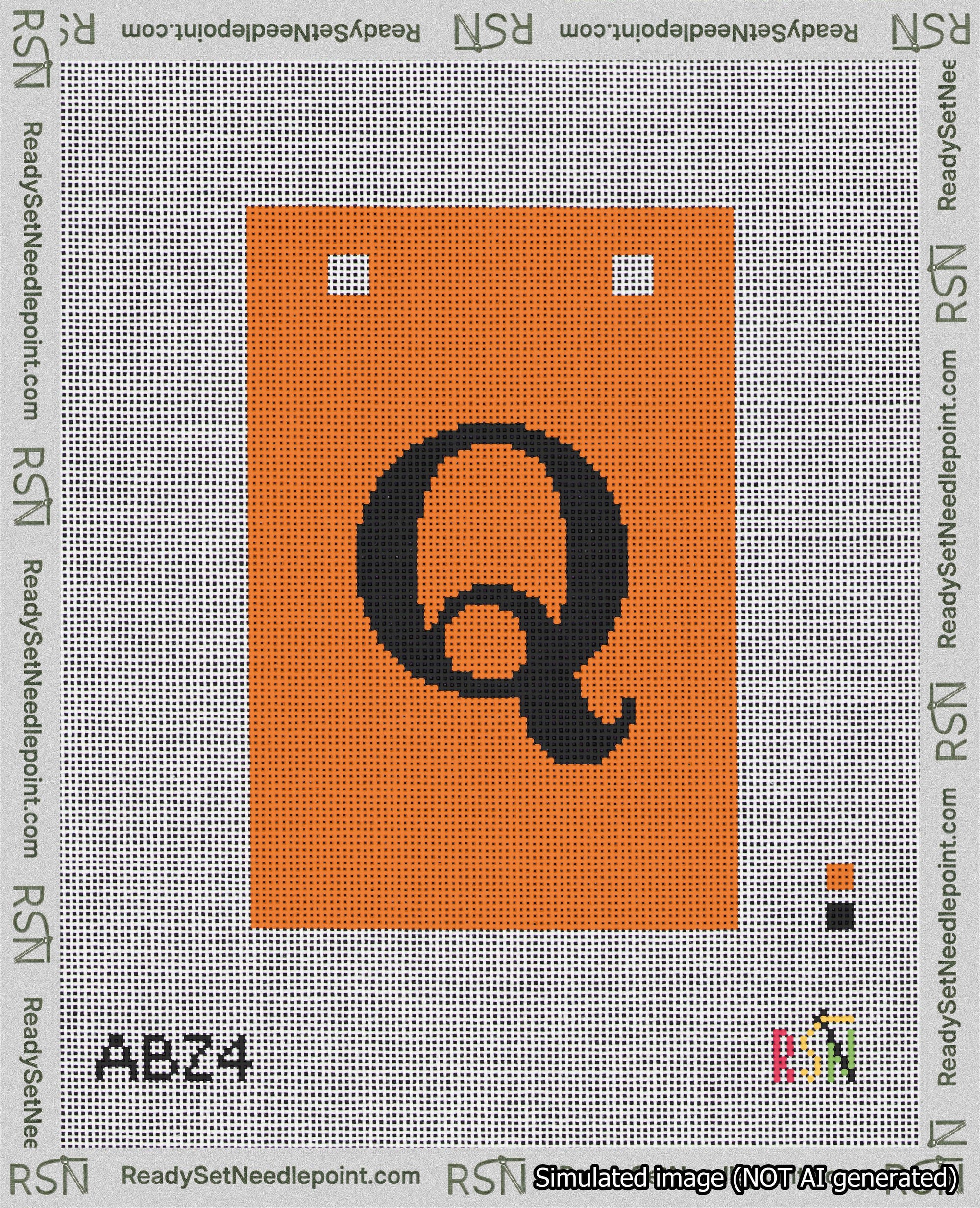 A taped needlepoint canvas with the design: Banner 18 mesh count Squared Q Black on Orange.