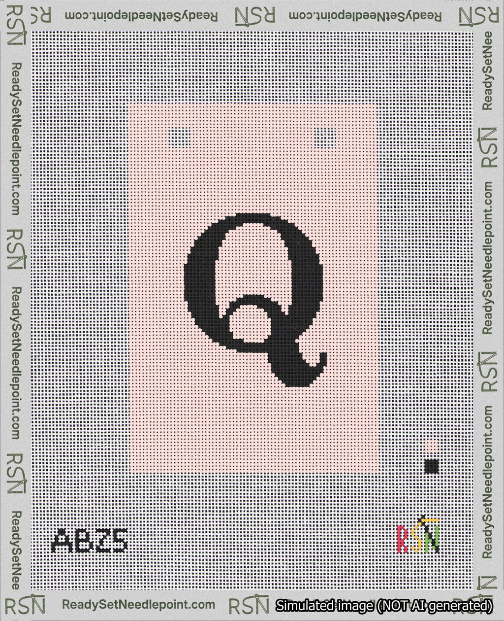 A taped needlepoint canvas with the design: Banner 18 mesh count Squared Q Black on Pink.