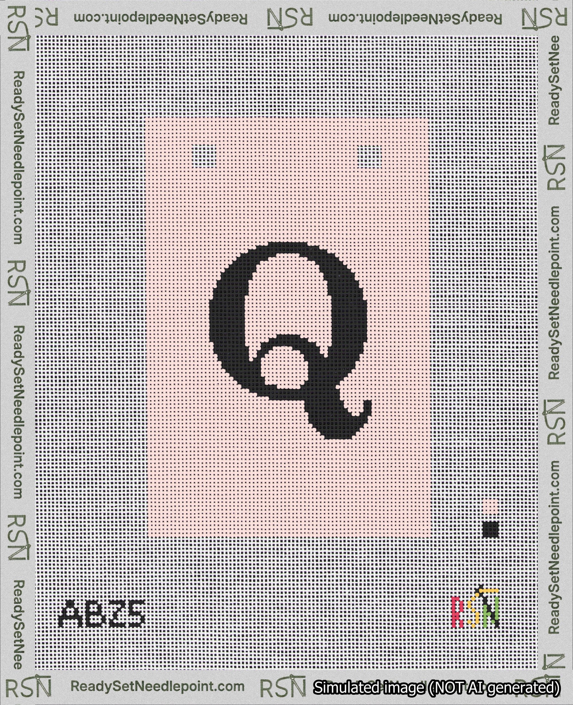 A taped needlepoint canvas with the design: Banner 18 mesh count Squared Q Black on Pink.
