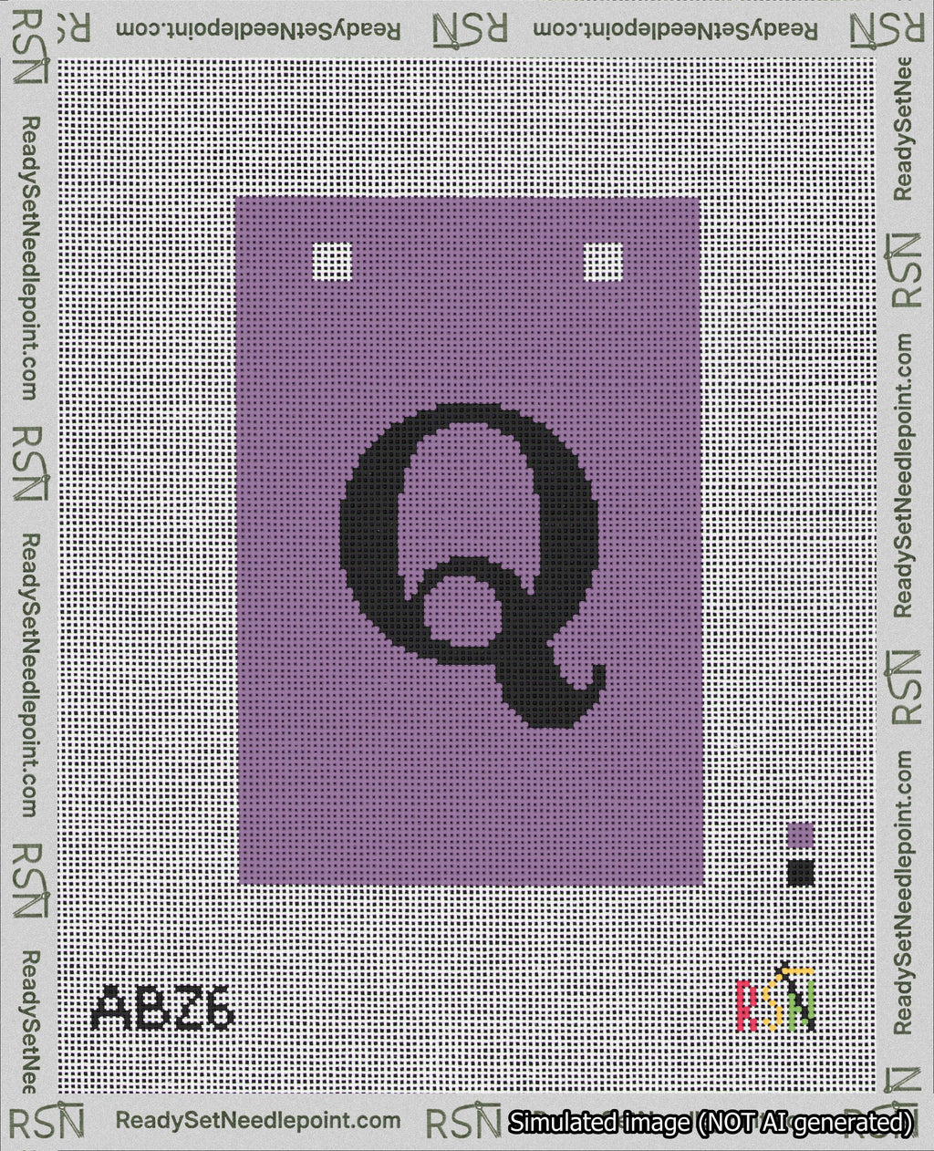 A taped needlepoint canvas with the design: Banner 18 mesh count Squared Q Black on Purple.