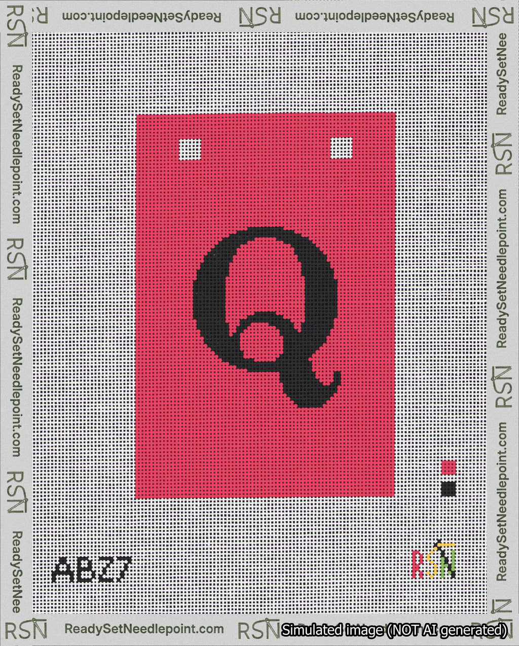 A taped needlepoint canvas with the design: Banner 18 mesh count Squared Q Black on Red.
