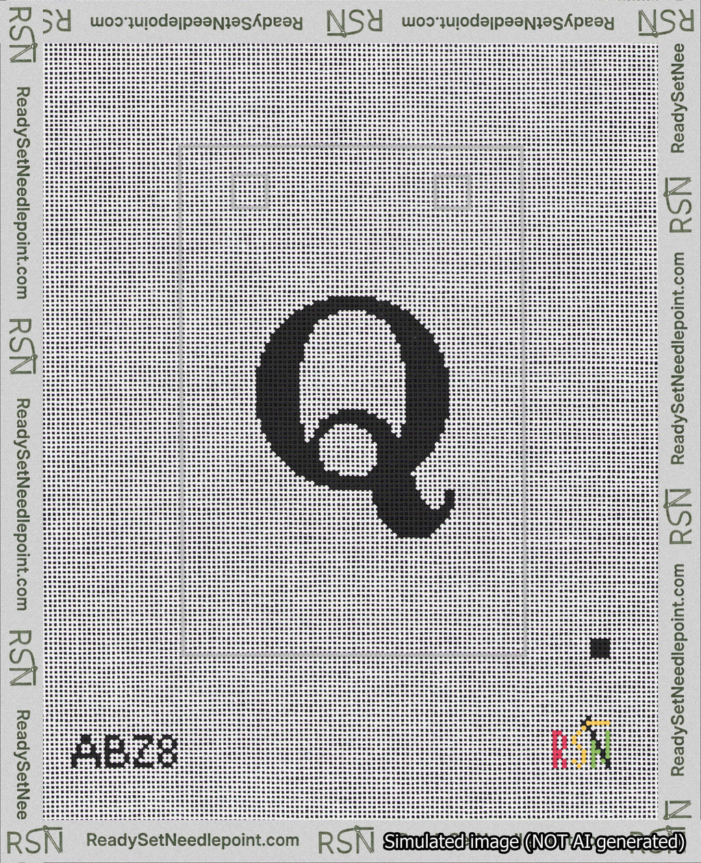 A taped needlepoint canvas with the design: Banner 18 mesh count Squared Q Black on White.