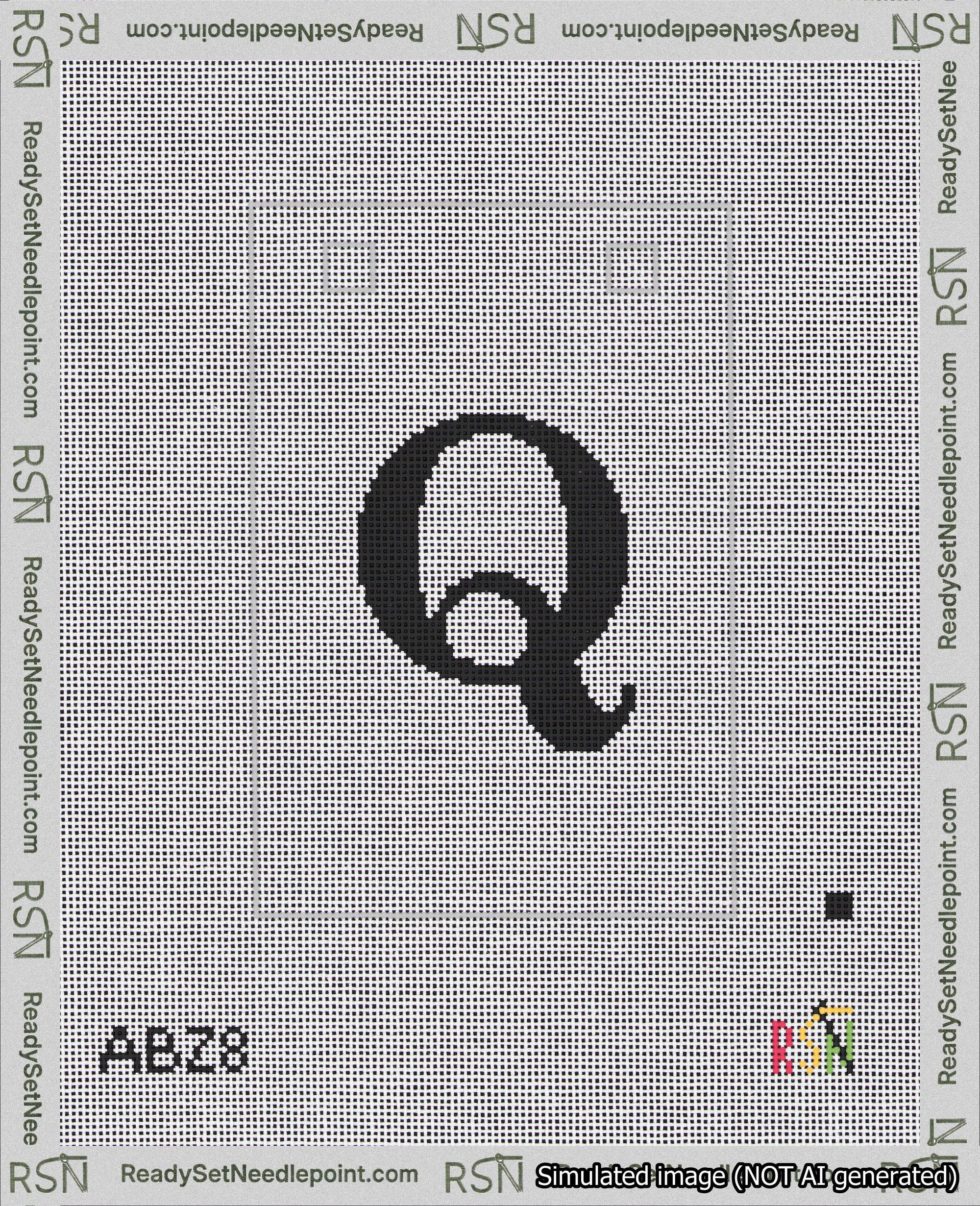 A taped needlepoint canvas with the design: Banner 18 mesh count Squared Q Black on White.