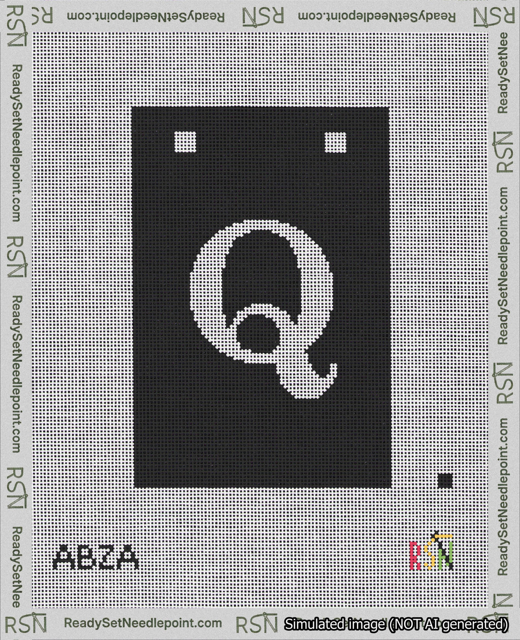 A taped needlepoint canvas with the design: Banner 18 mesh count Squared Q White on Black.