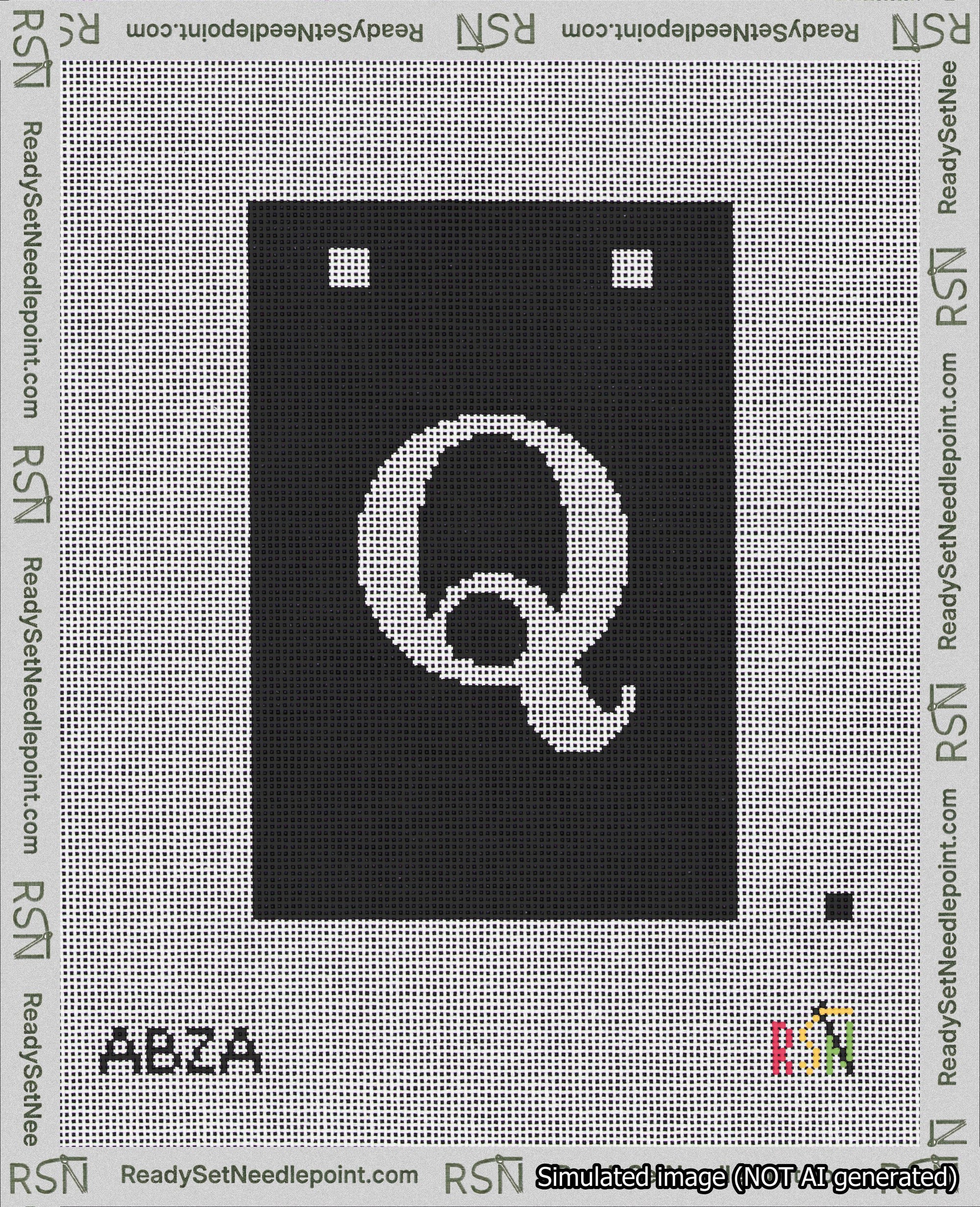 A taped needlepoint canvas with the design: Banner 18 mesh count Squared Q White on Black.