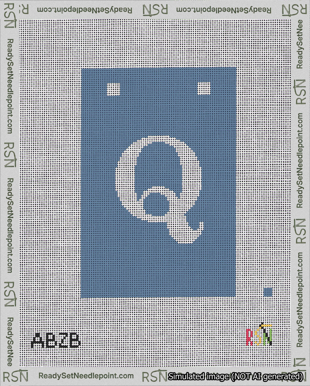 A taped needlepoint canvas with the design: Banner 18 mesh count Squared Q White on Blue.