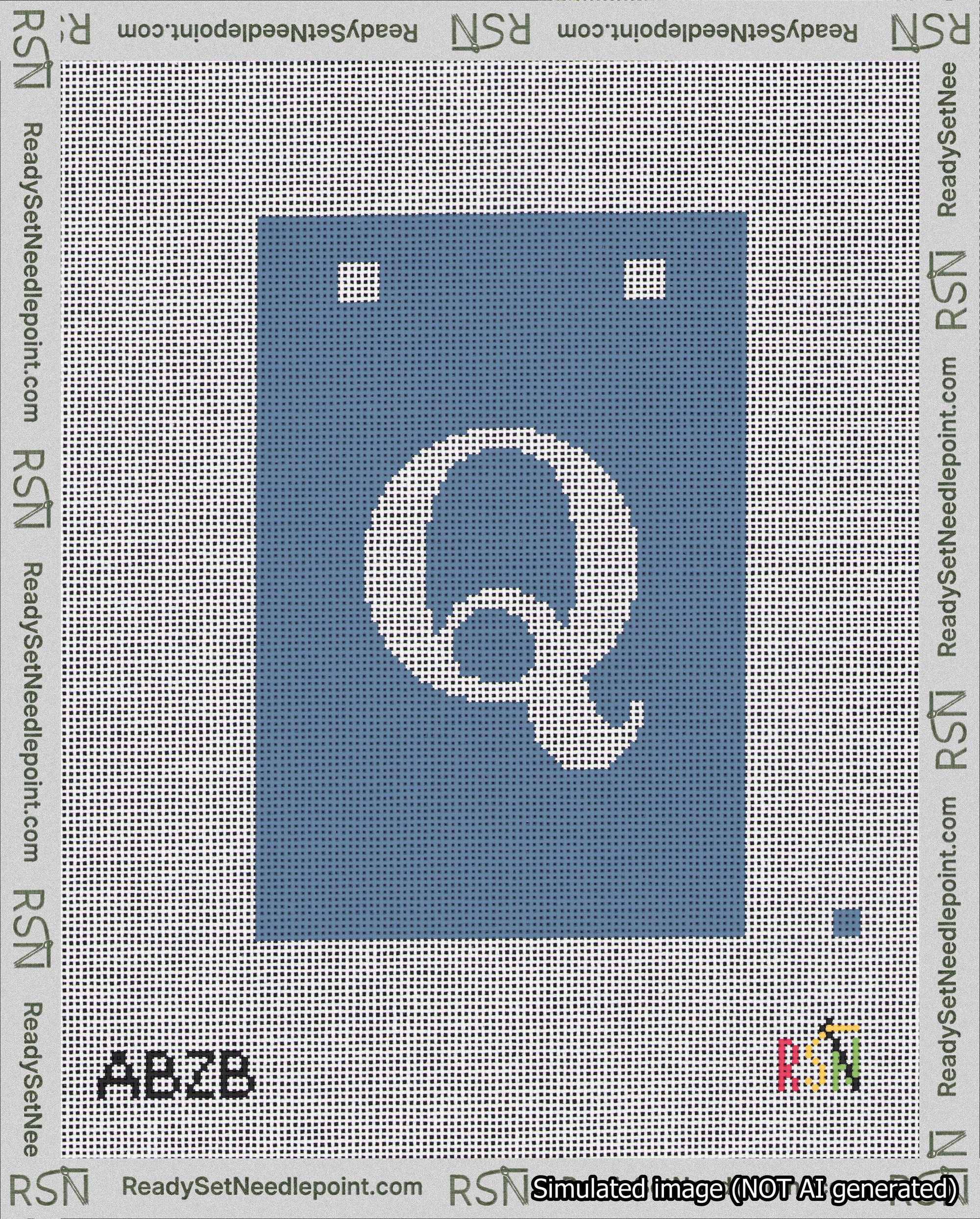 A taped needlepoint canvas with the design: Banner 18 mesh count Squared Q White on Blue.