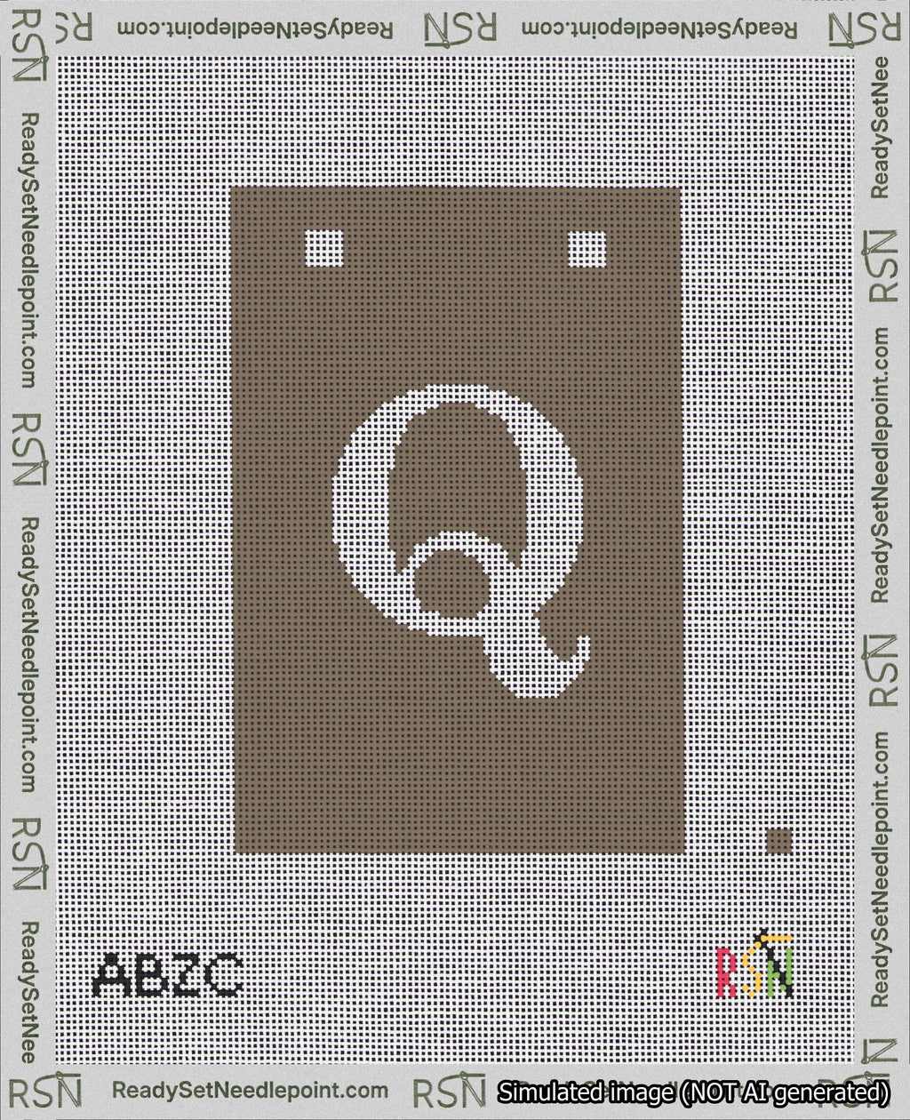 A taped needlepoint canvas with the design: Banner 18 mesh count Squared Q White on Brown.