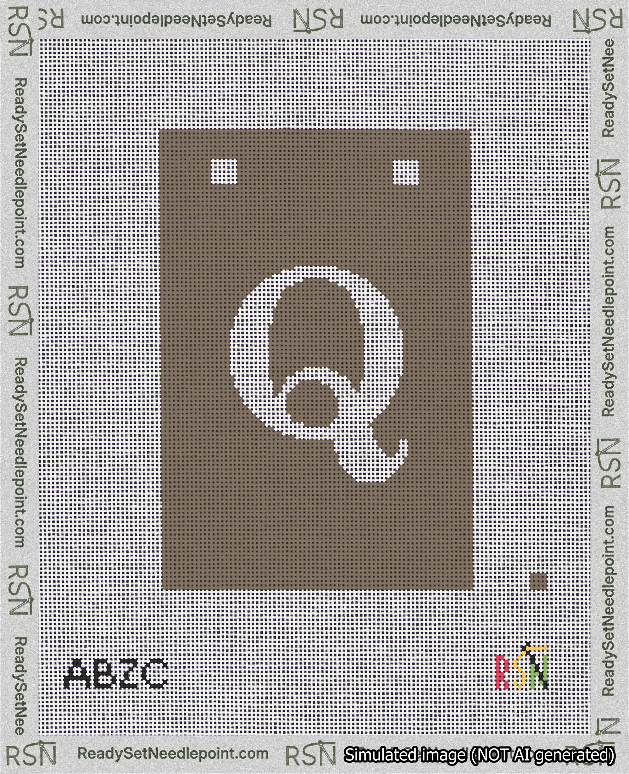 A taped needlepoint canvas with the design: Banner 18 mesh count Squared Q White on Brown.