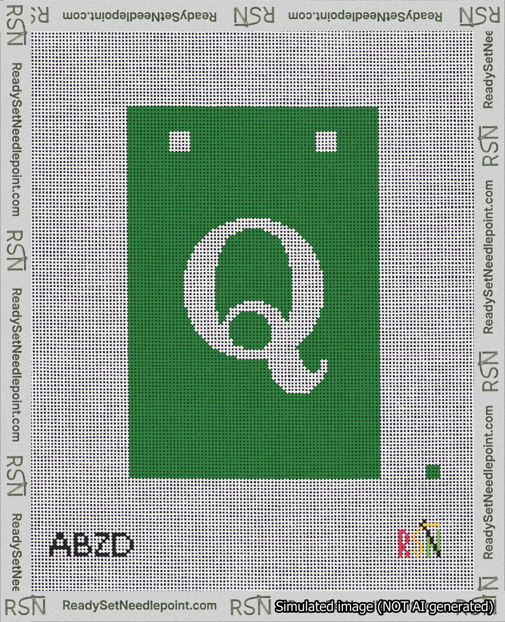 A taped needlepoint canvas with the design: Banner 18 mesh count Squared Q White on Green.