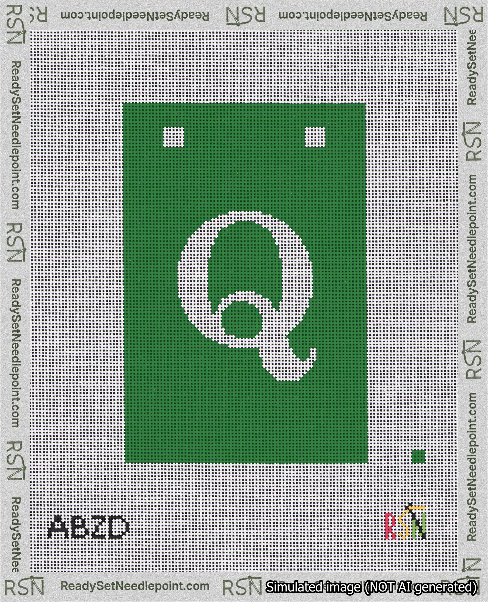 A taped needlepoint canvas with the design: Banner 18 mesh count Squared Q White on Green.