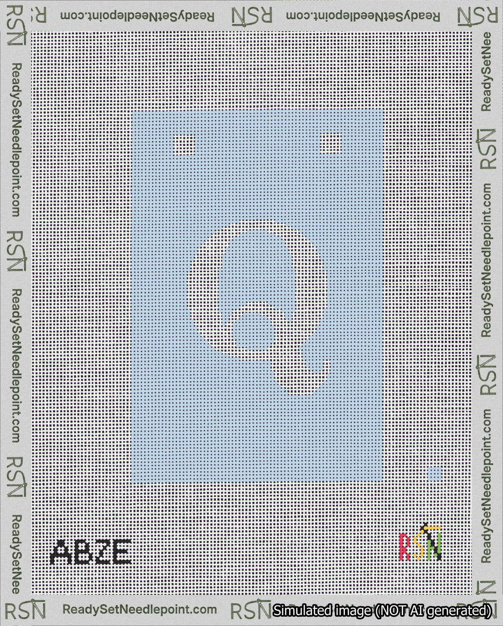 A taped needlepoint canvas with the design: Banner 18 mesh count Squared Q White on Light Blue.