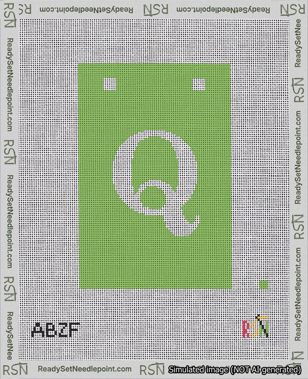 A taped needlepoint canvas with the design: Banner 18 mesh count Squared Q White on Light Green.