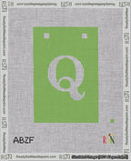A taped needlepoint canvas with the design: Banner 18 mesh count Squared Q White on Light Green.