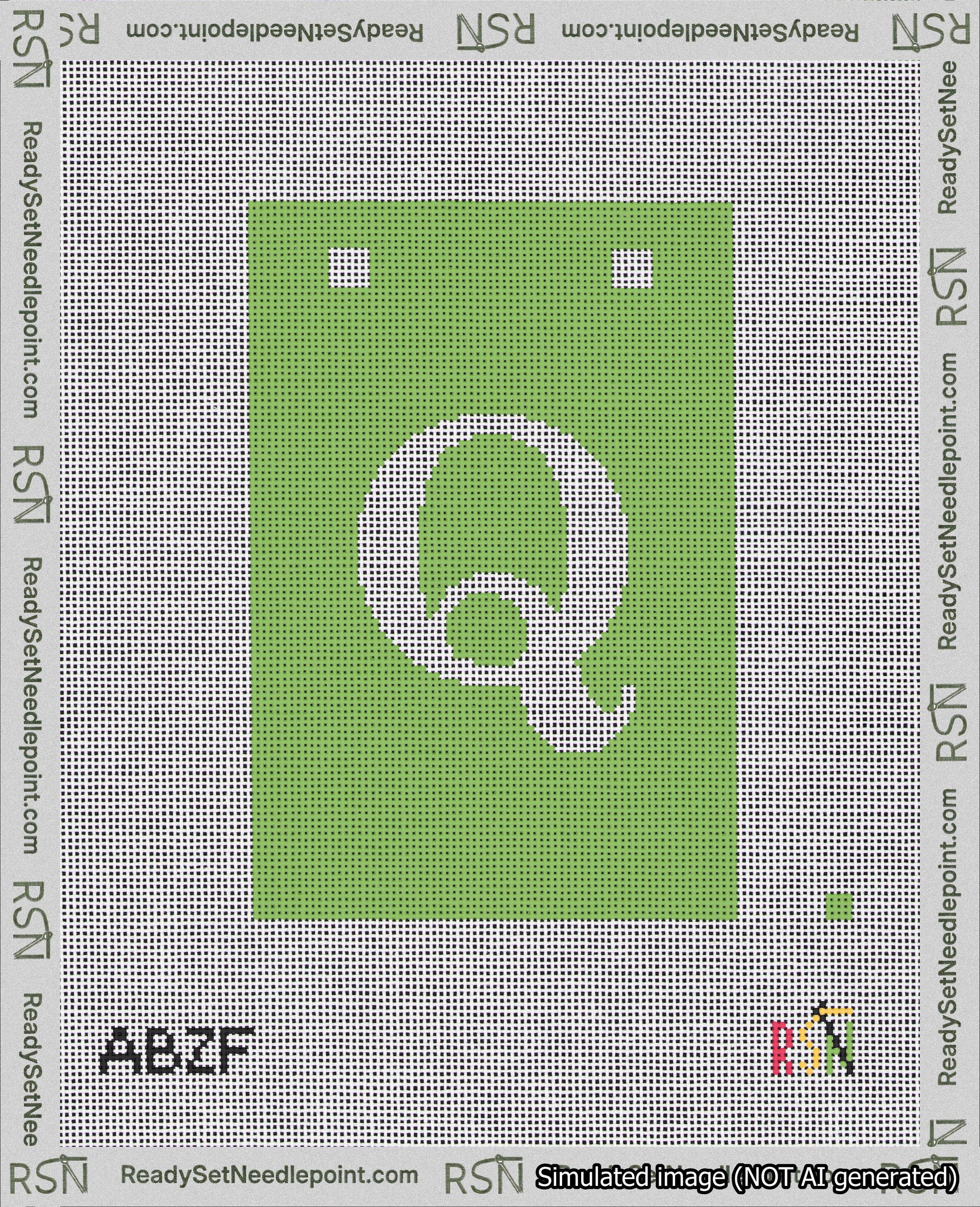 A taped needlepoint canvas with the design: Banner 18 mesh count Squared Q White on Light Green.