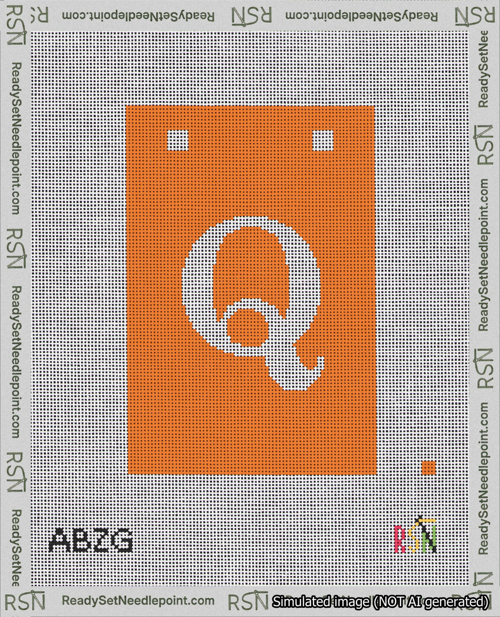 A taped needlepoint canvas with the design: Banner 18 mesh count Squared Q White on Orange.