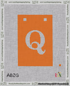 A taped needlepoint canvas with the design: Banner 18 mesh count Squared Q White on Orange.