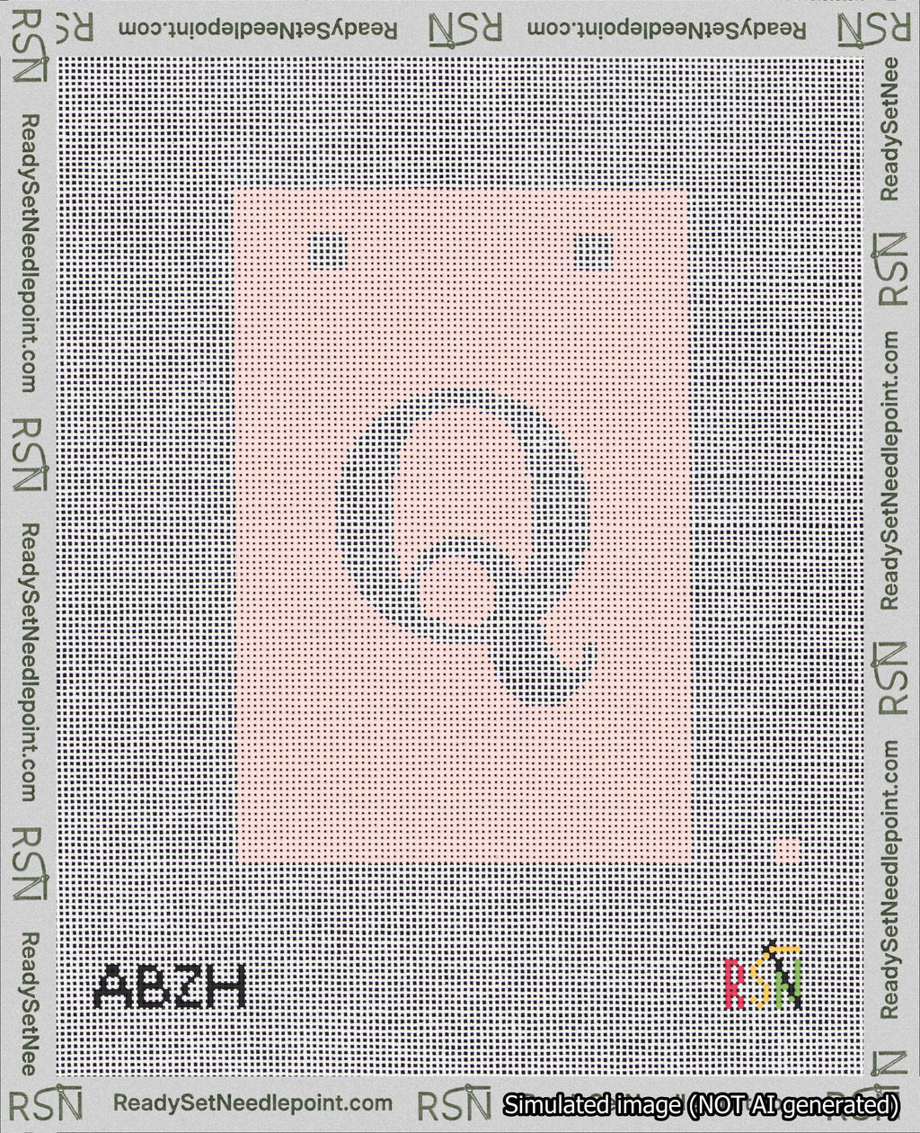 A taped needlepoint canvas with the design: Banner 18 mesh count Squared Q White on Pink.