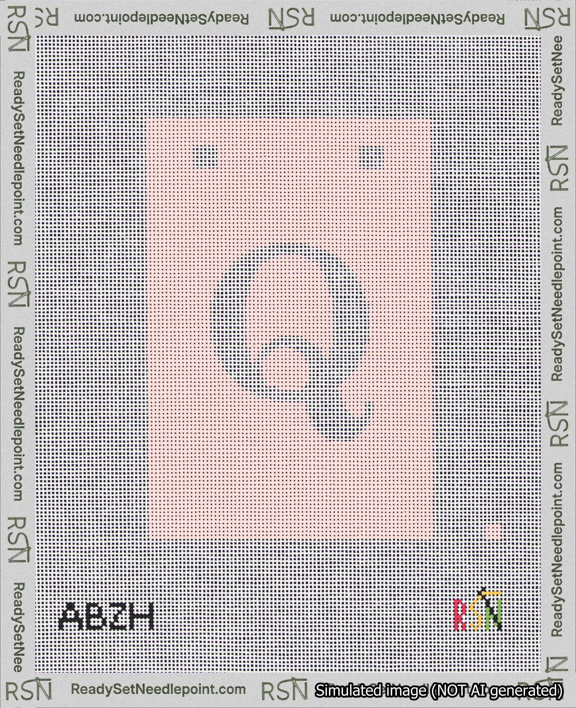 A taped needlepoint canvas with the design: Banner 18 mesh count Squared Q White on Pink.