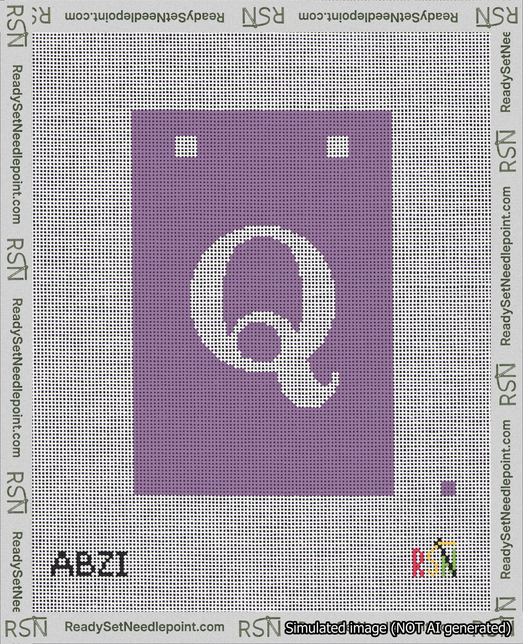 A taped needlepoint canvas with the design: Banner 18 mesh count Squared Q White on Purple.