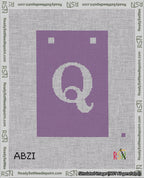 A taped needlepoint canvas with the design: Banner 18 mesh count Squared Q White on Purple.