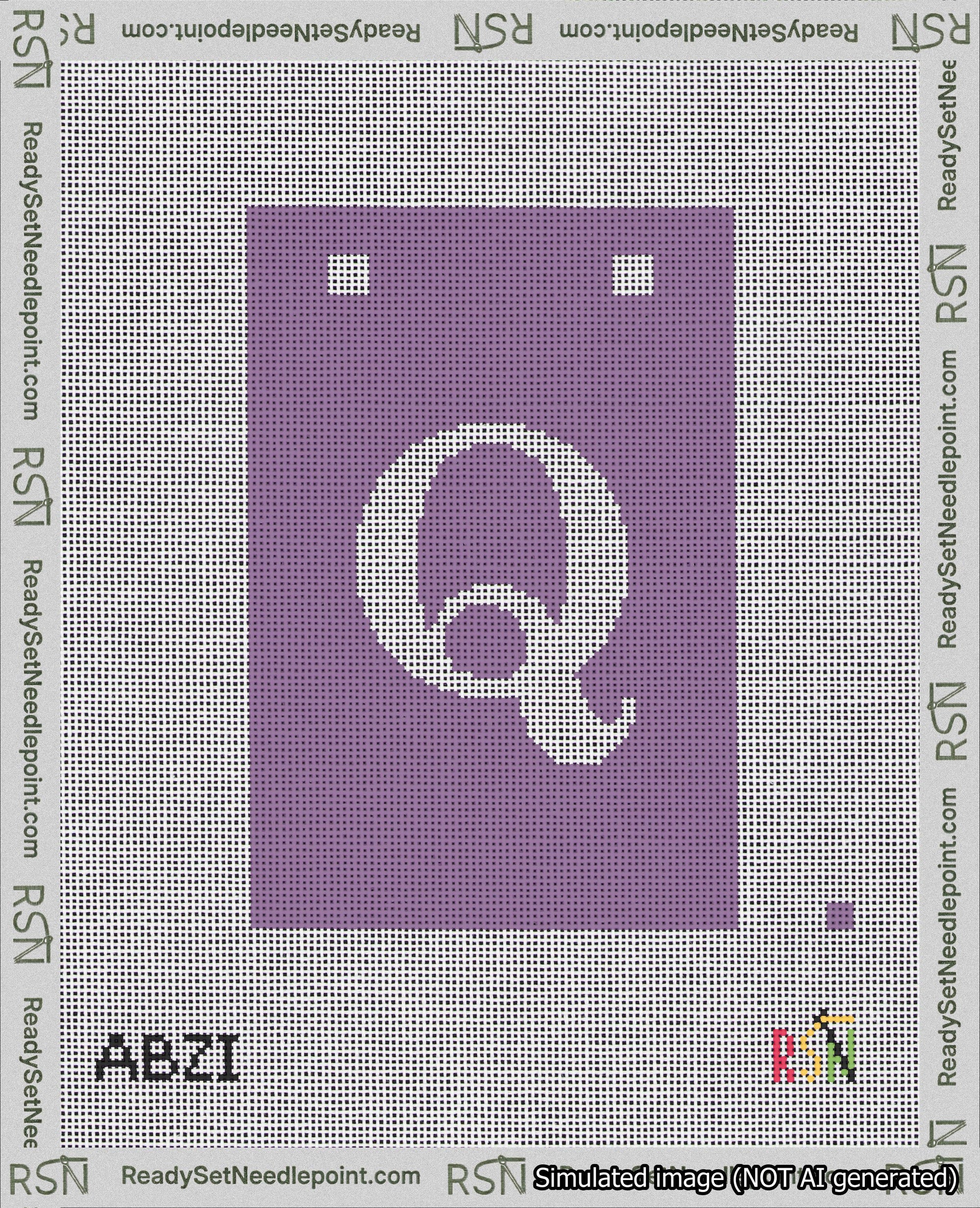 A taped needlepoint canvas with the design: Banner 18 mesh count Squared Q White on Purple.