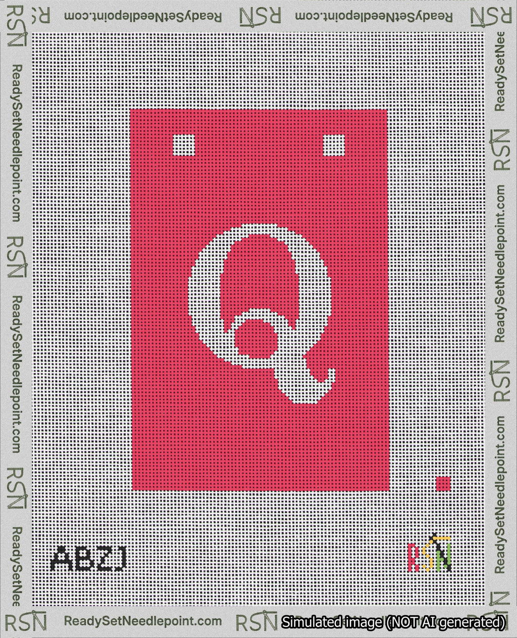 A taped needlepoint canvas with the design: Banner 18 mesh count Squared Q White on Red.