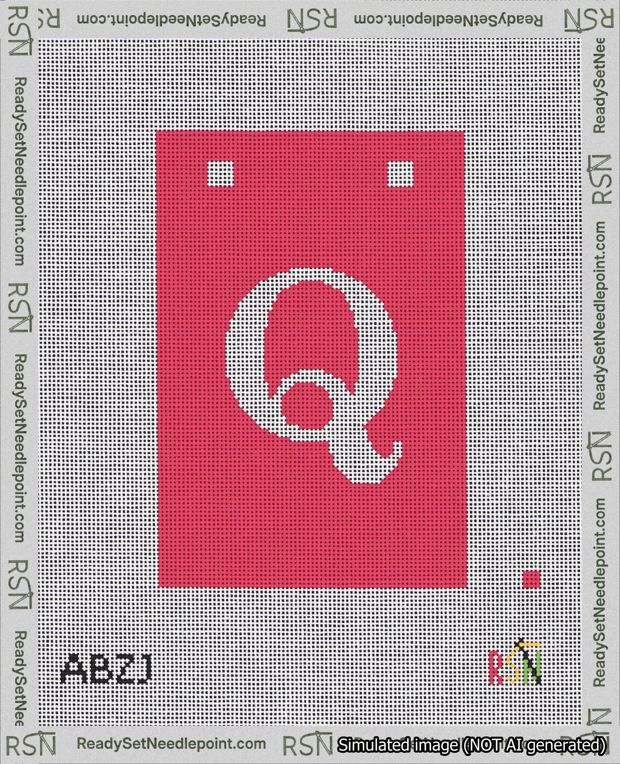 A taped needlepoint canvas with the design: Banner 18 mesh count Squared Q White on Red.