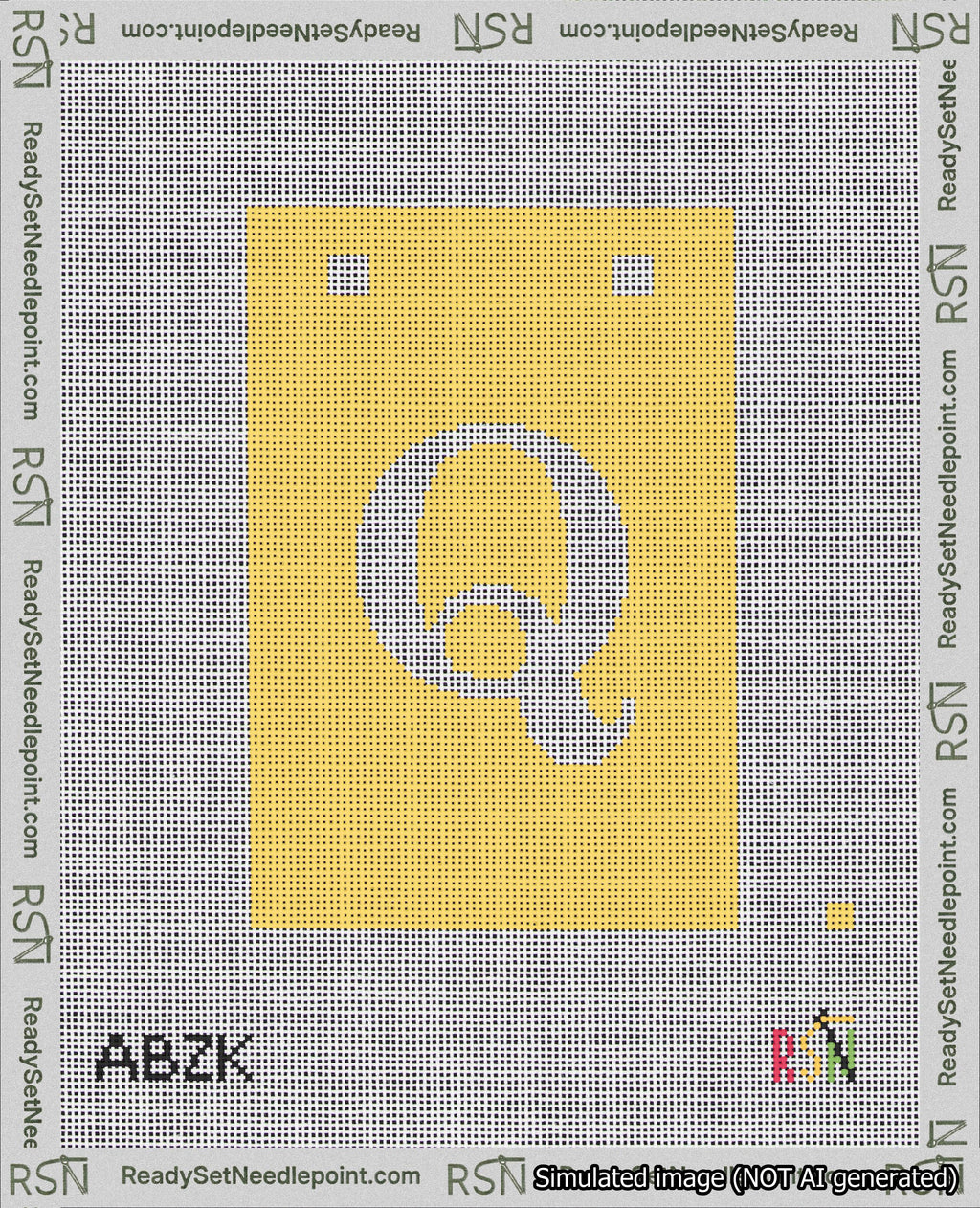 A taped needlepoint canvas with the design: Banner 18 mesh count Squared Q White on Yellow.
