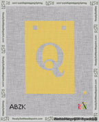 A taped needlepoint canvas with the design: Banner 18 mesh count Squared Q White on Yellow.