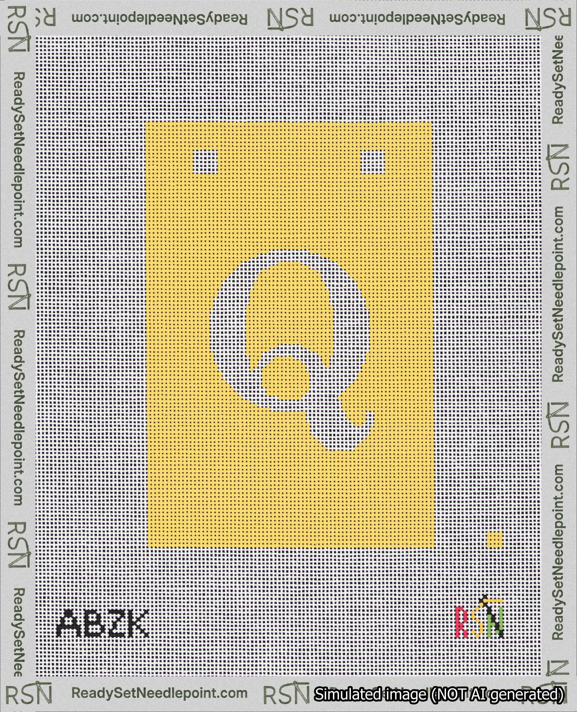 A taped needlepoint canvas with the design: Banner 18 mesh count Squared Q White on Yellow.