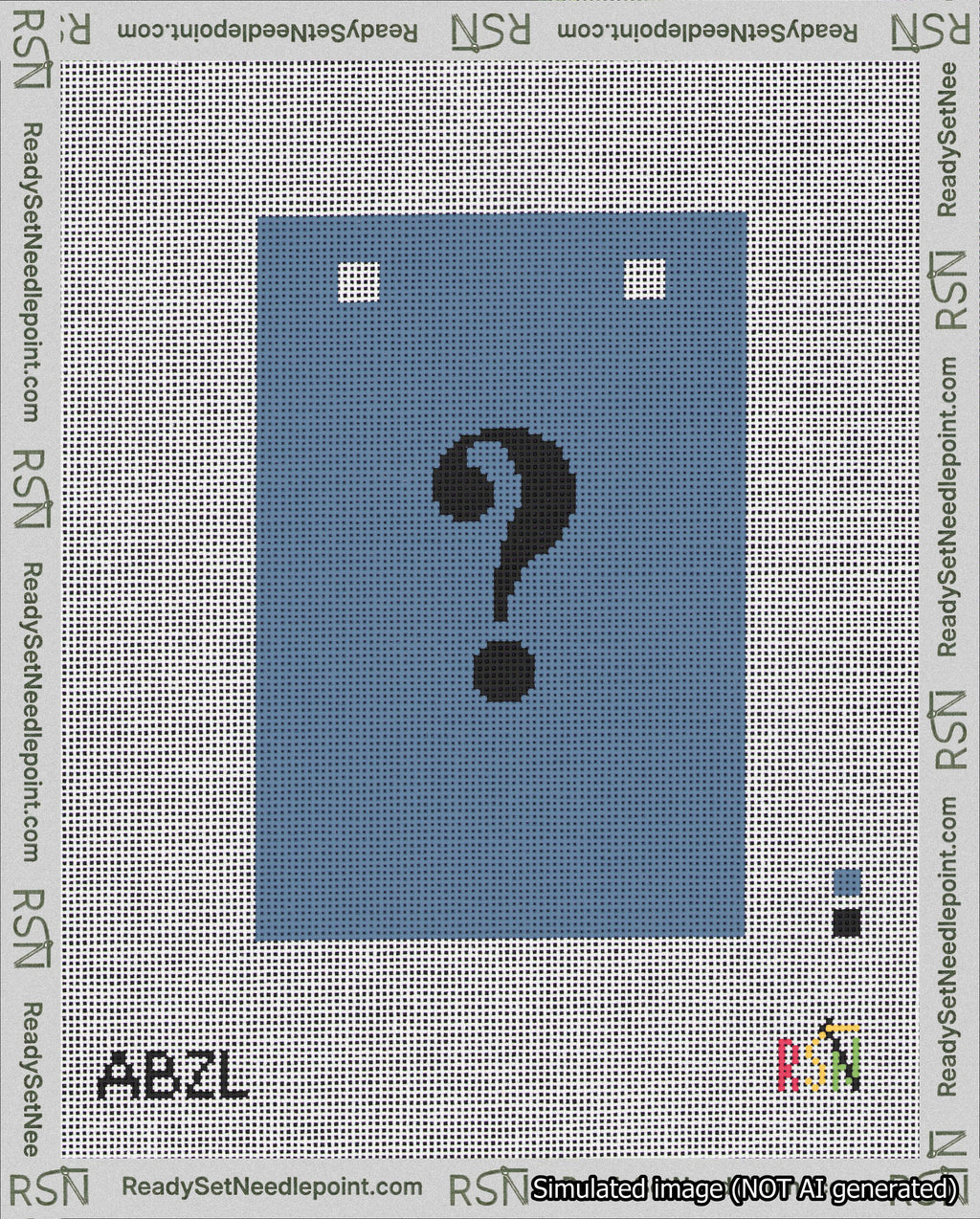 A taped needlepoint canvas with the design: Banner 18 mesh count Squared Question Black on Blue.