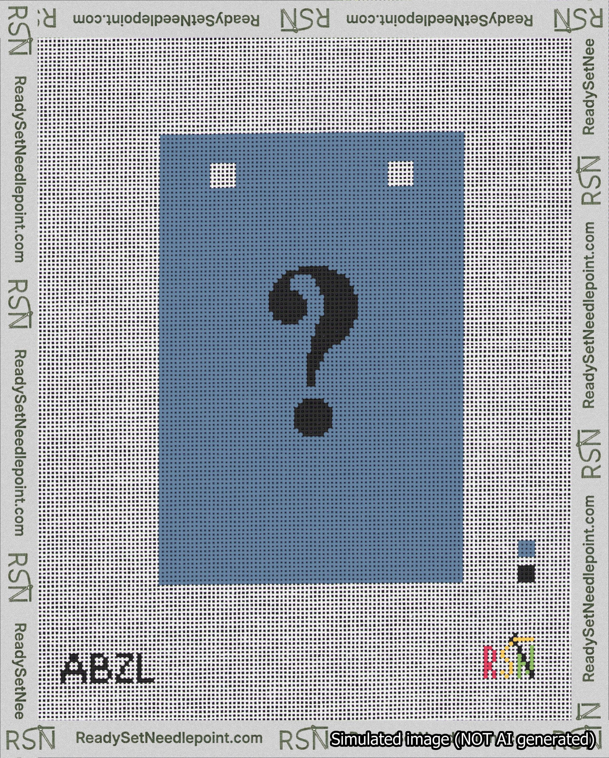 A taped needlepoint canvas with the design: Banner 18 mesh count Squared Question Black on Blue.