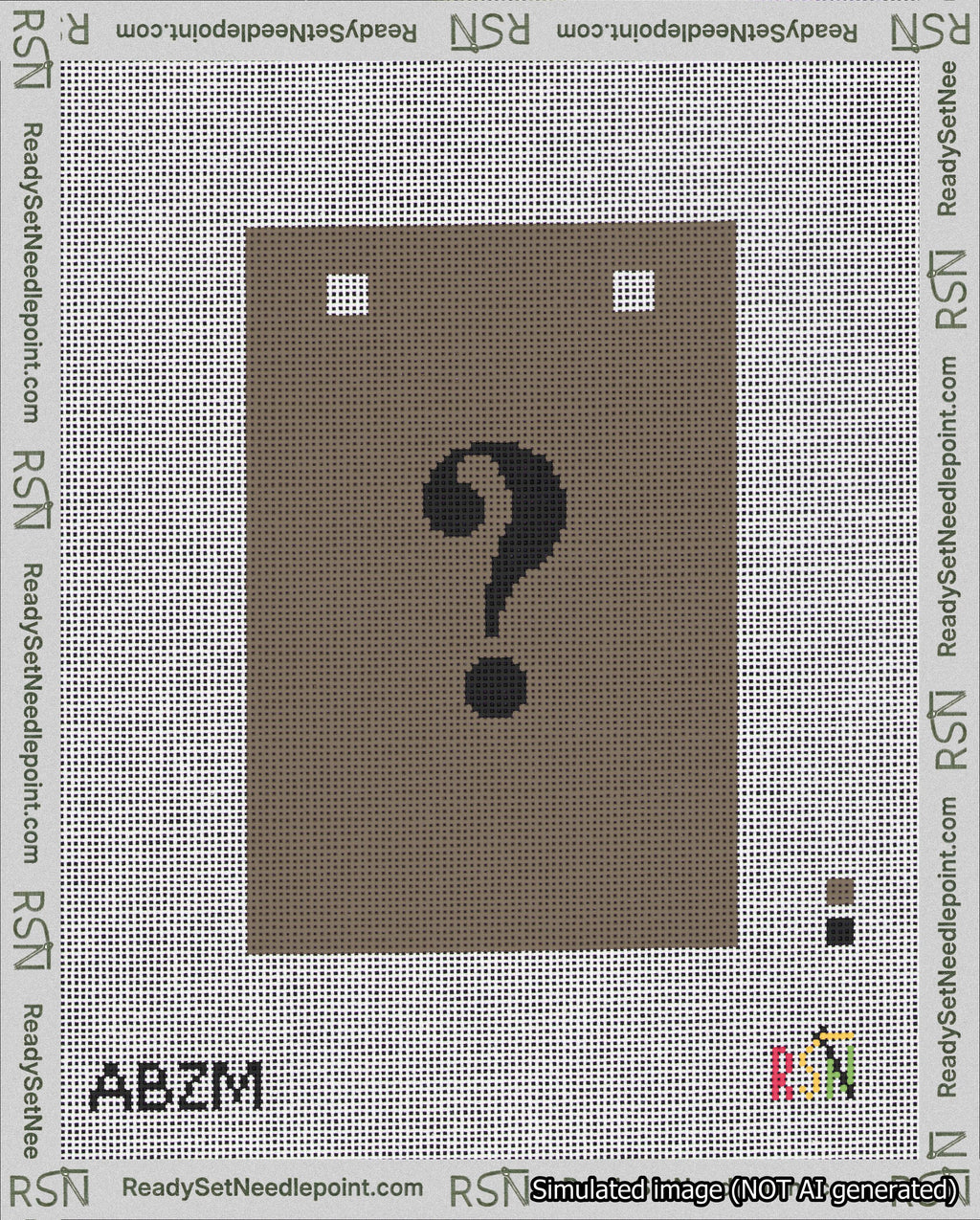 A taped needlepoint canvas with the design: Banner 18 mesh count Squared Question Black on Brown.