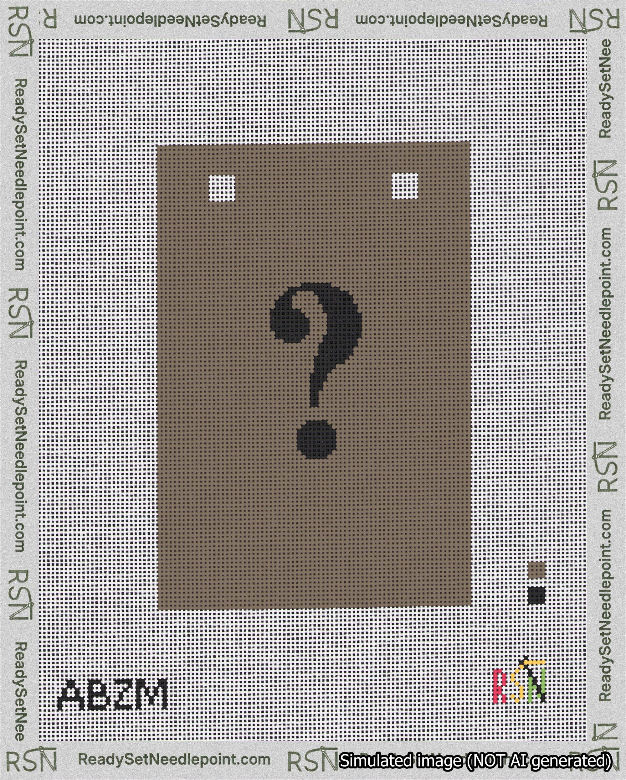 A taped needlepoint canvas with the design: Banner 18 mesh count Squared Question Black on Brown.