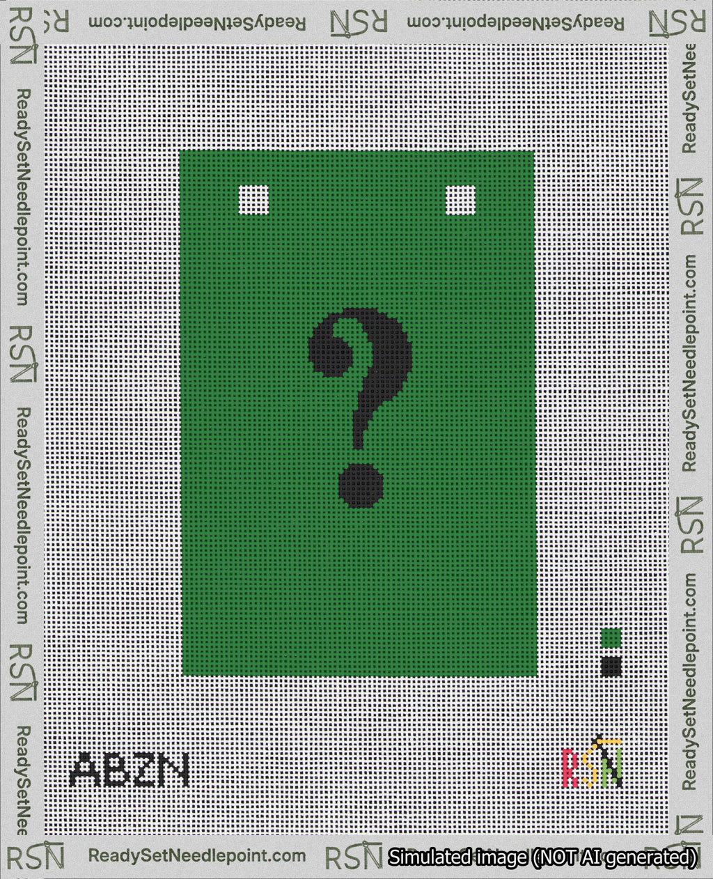 A taped needlepoint canvas with the design: Banner 18 mesh count Squared Question Black on Green.