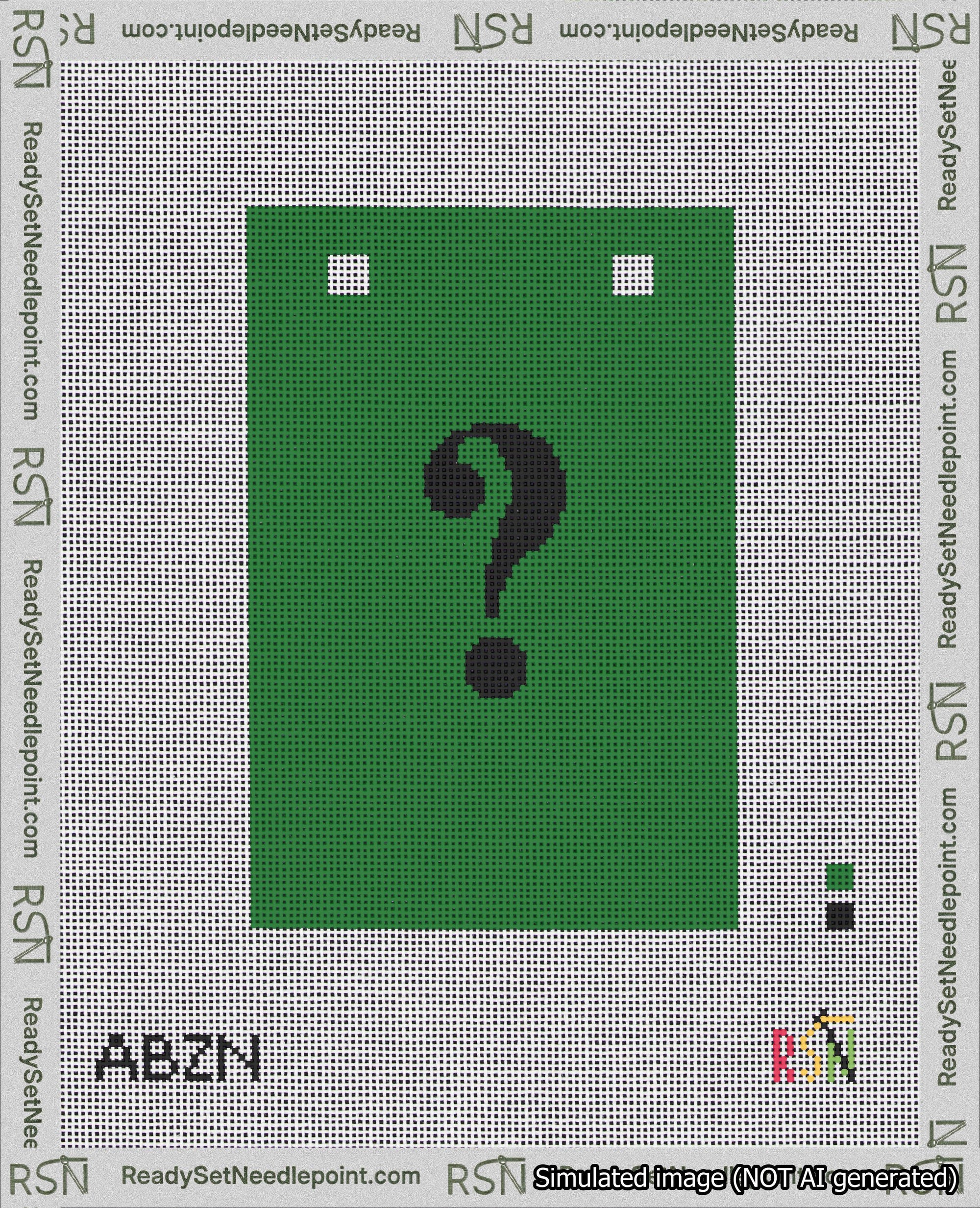 A taped needlepoint canvas with the design: Banner 18 mesh count Squared Question Black on Green.