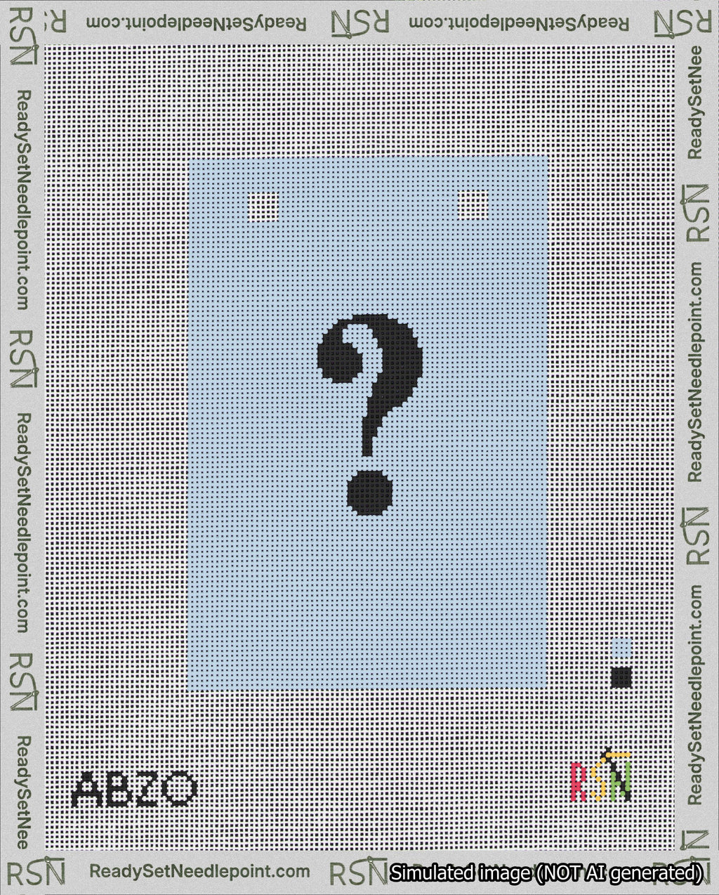A taped needlepoint canvas with the design: Banner 18 mesh count Squared Question Black on Light Blue.