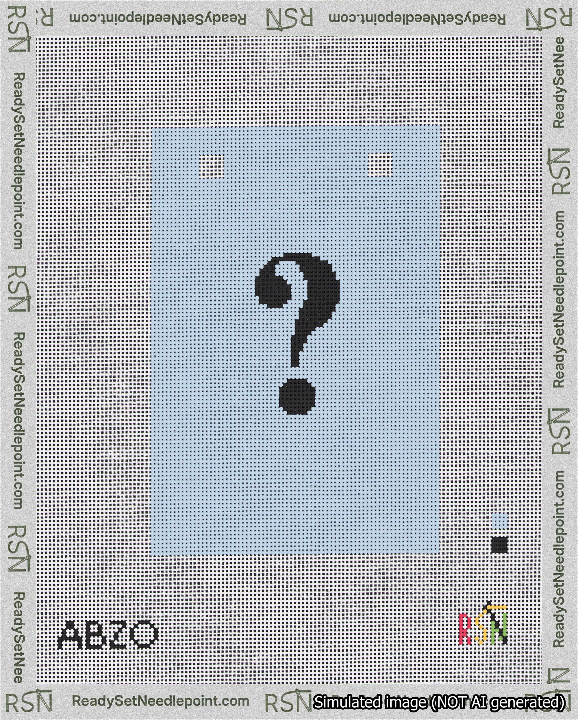 A taped needlepoint canvas with the design: Banner 18 mesh count Squared Question Black on Light Blue.