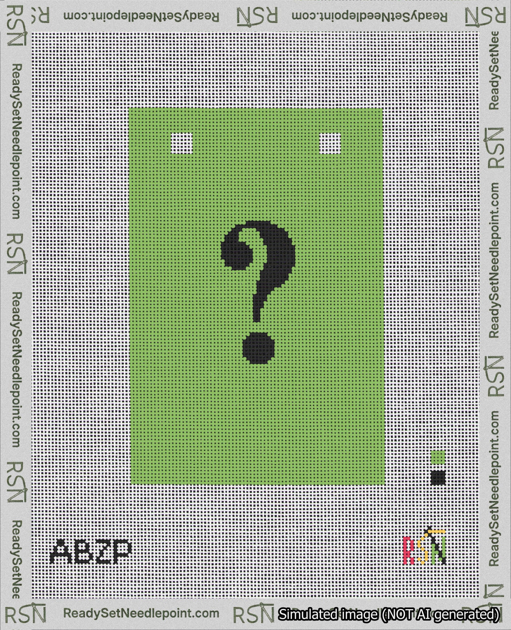 A taped needlepoint canvas with the design: Banner 18 mesh count Squared Question Black on Light Green.