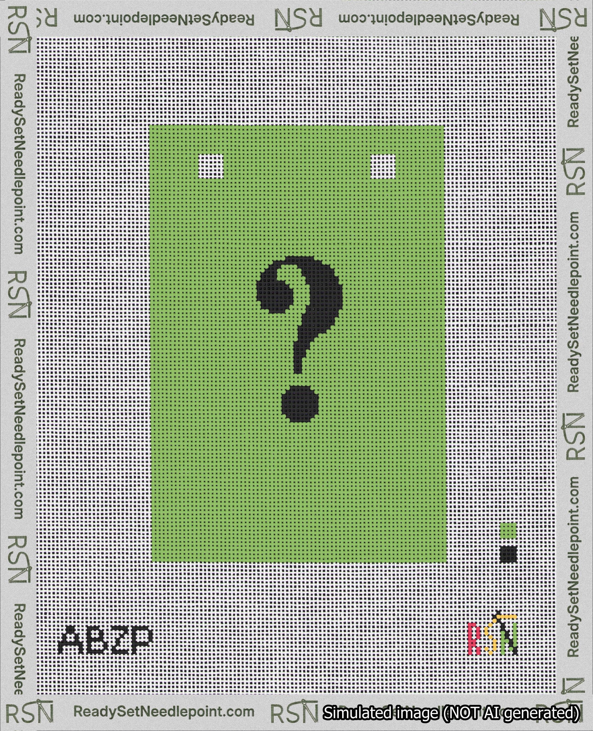 A taped needlepoint canvas with the design: Banner 18 mesh count Squared Question Black on Light Green.
