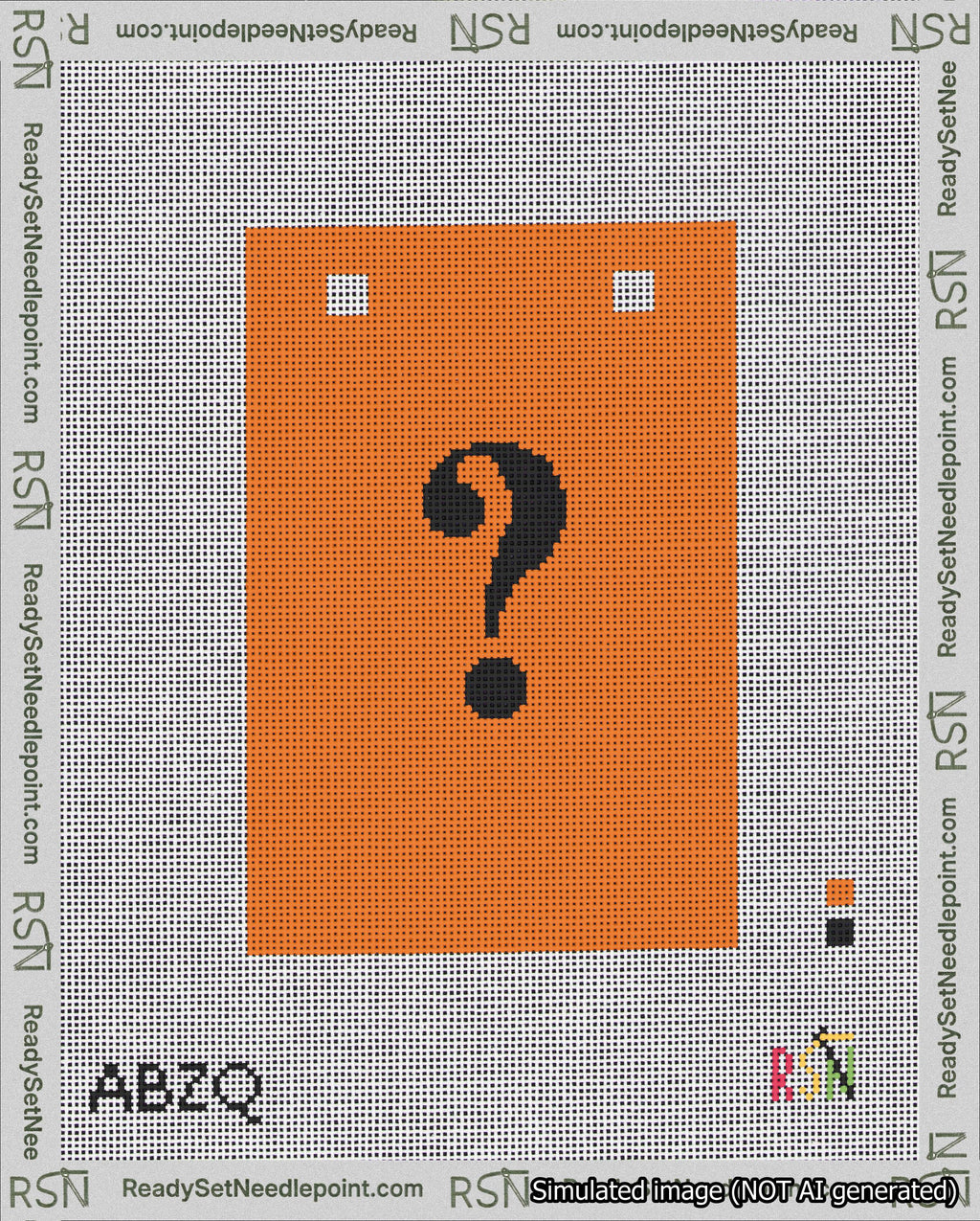 A taped needlepoint canvas with the design: Banner 18 mesh count Squared Question Black on Orange.