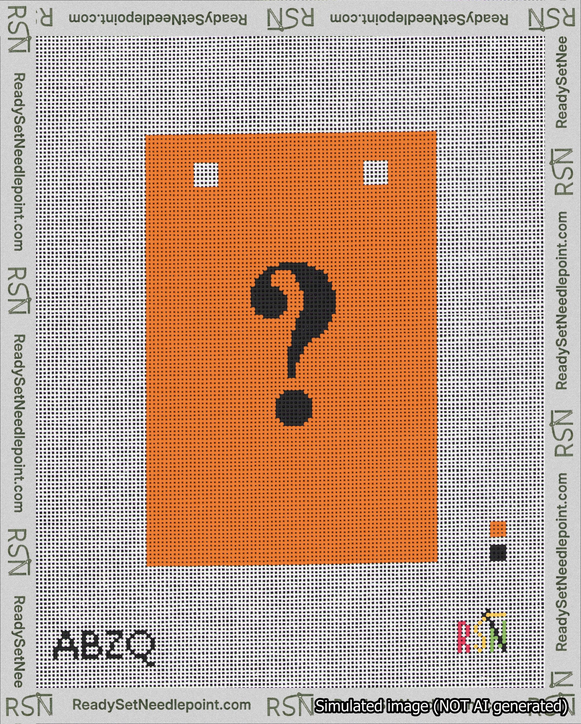 A taped needlepoint canvas with the design: Banner 18 mesh count Squared Question Black on Orange.